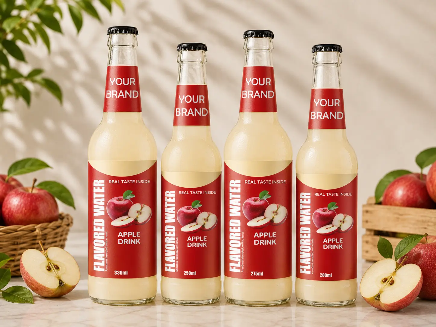 FLAVORED WATER Apple flavour in 200ml, 250ml, 275ml and 330ml glass bottles.